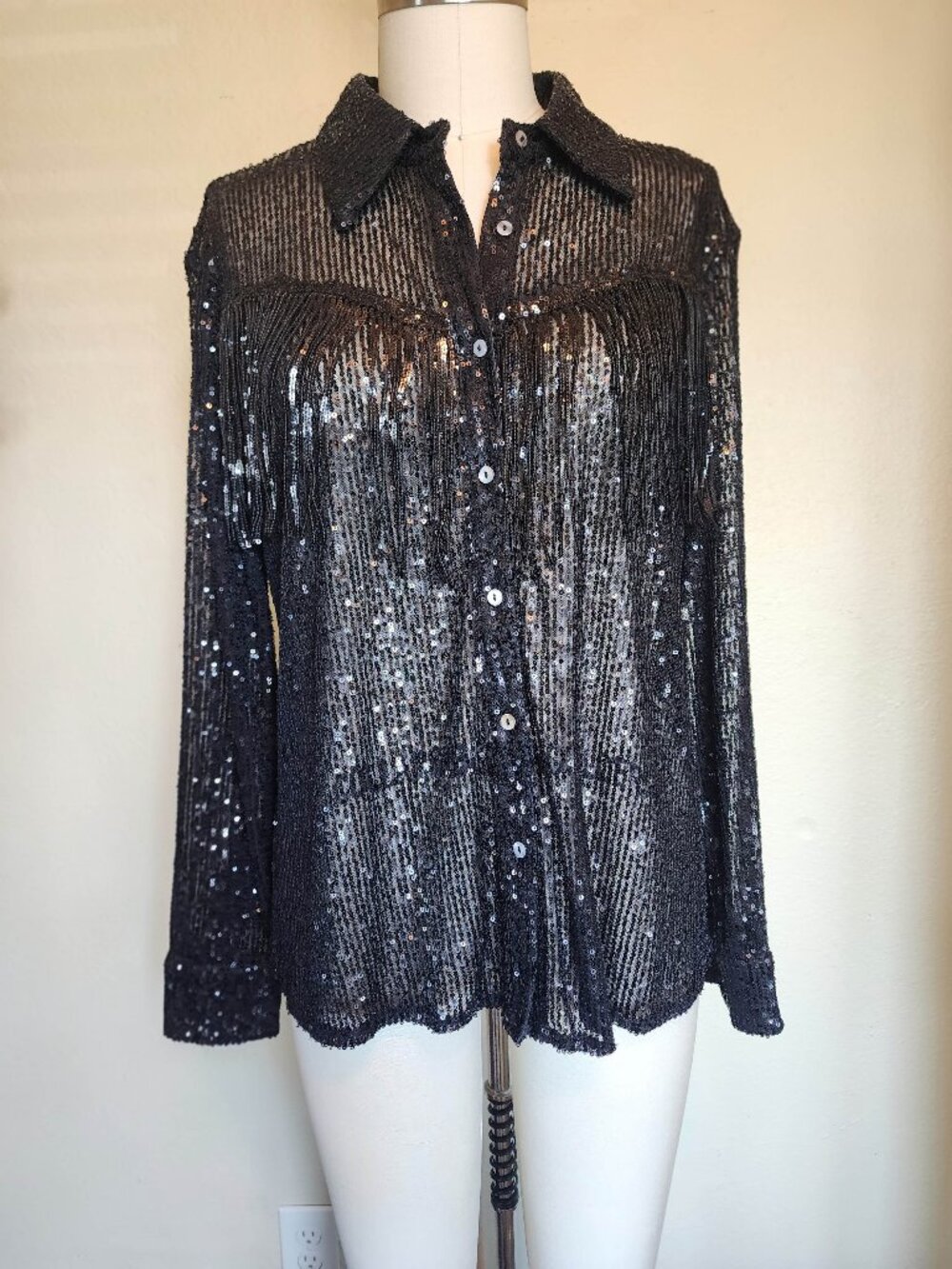 She+Sky NWT Black Sheer Sequin Long Sleeve Button-up with Fringe size Small